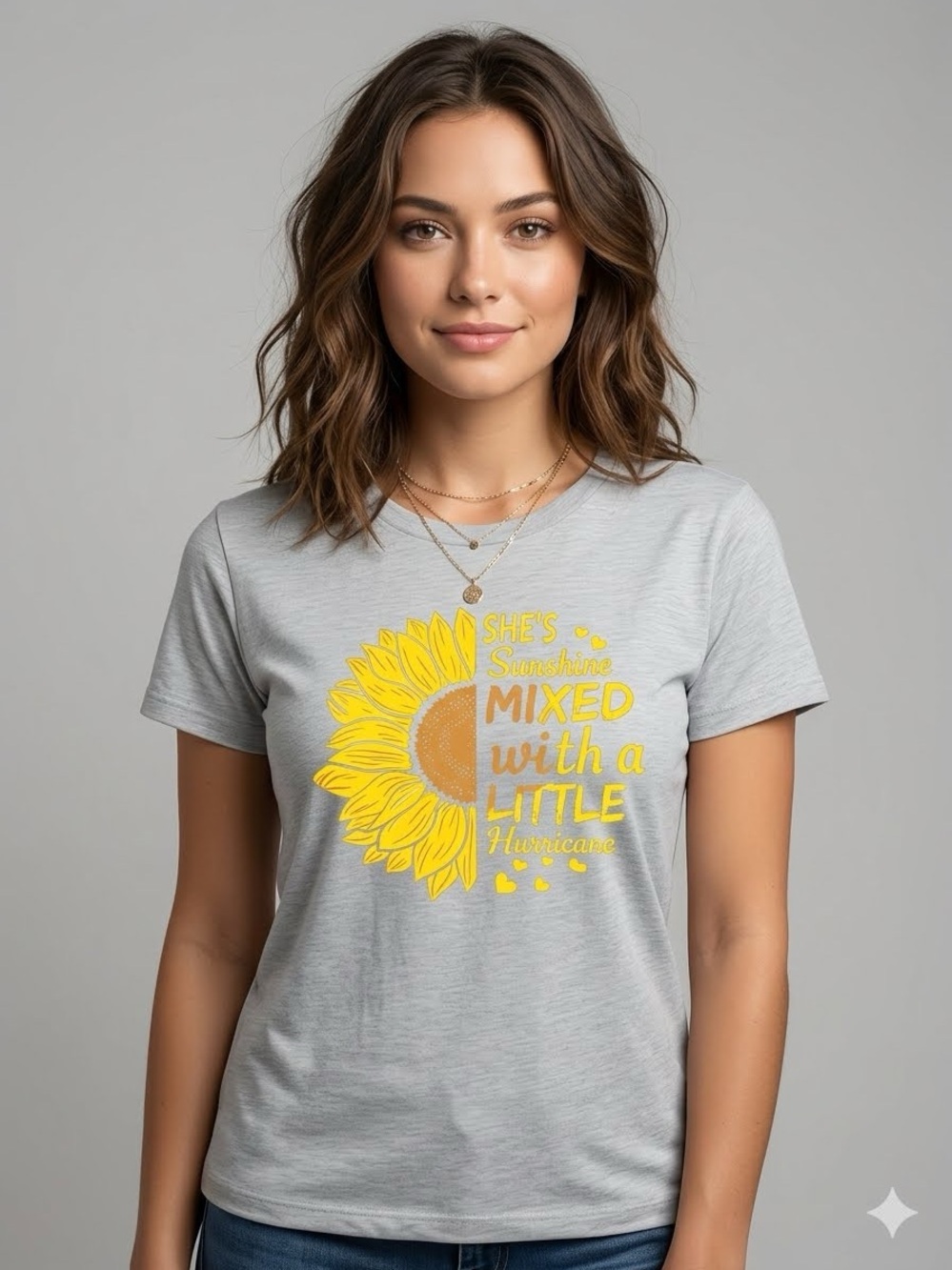 Women's Grey Short Sleeve Tee with Yellow Sunflower Graphic - Casual Crew